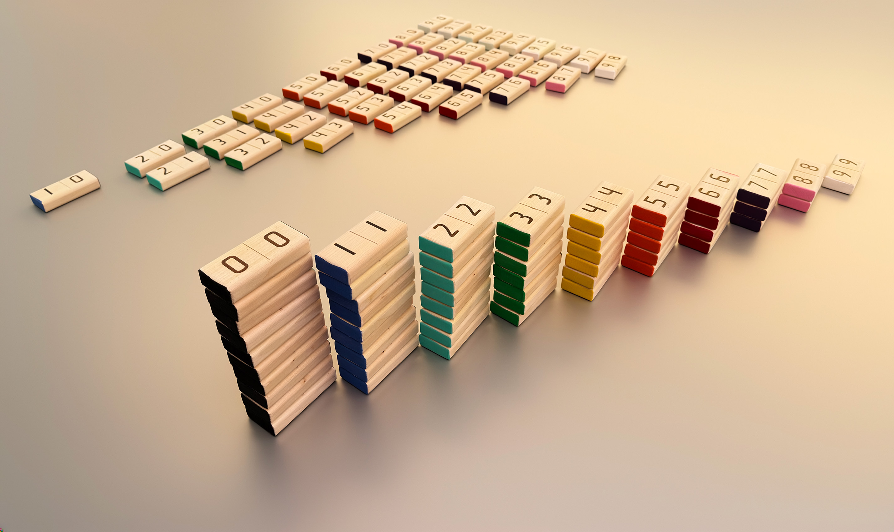 Overzicht van DeciBlocks in een lange kleurrijke opstelling